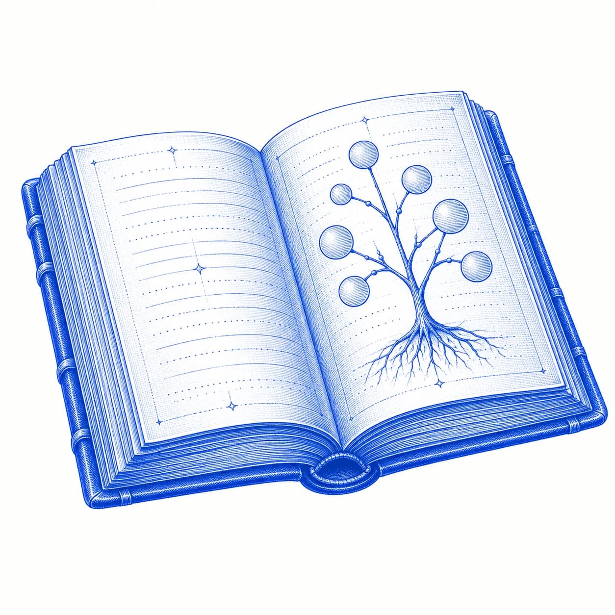 An open Renaissance codex, illustrated with a branching study of knowledge.