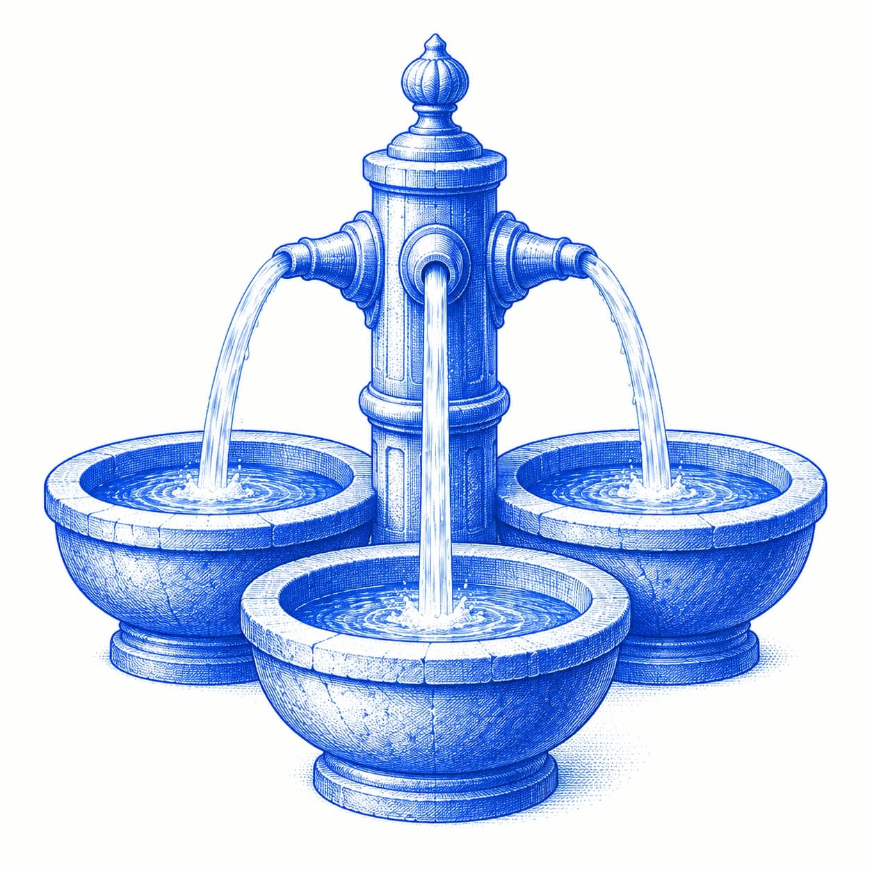A finely engraved Renaissance fountain distributes water from one source into several basins.